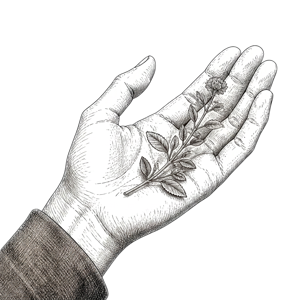 Hand-drawn illustration of an open hand cupping a sprig of herbs
