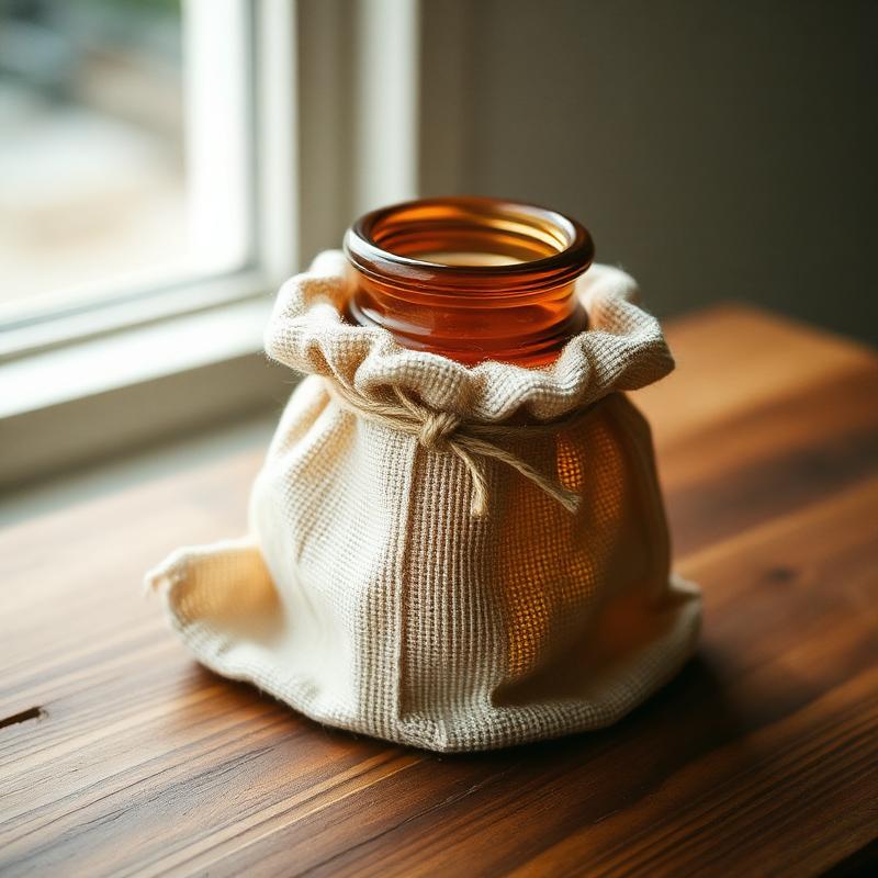 An amber apothecary jar with a linen cover
