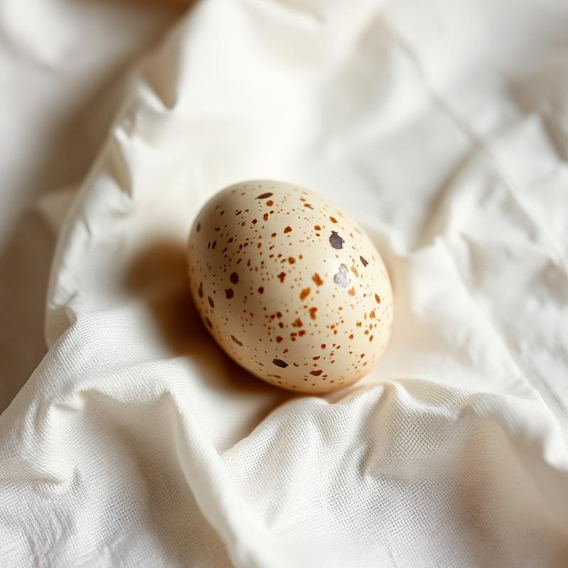 A single speckled heritage chicken egg on cream linen