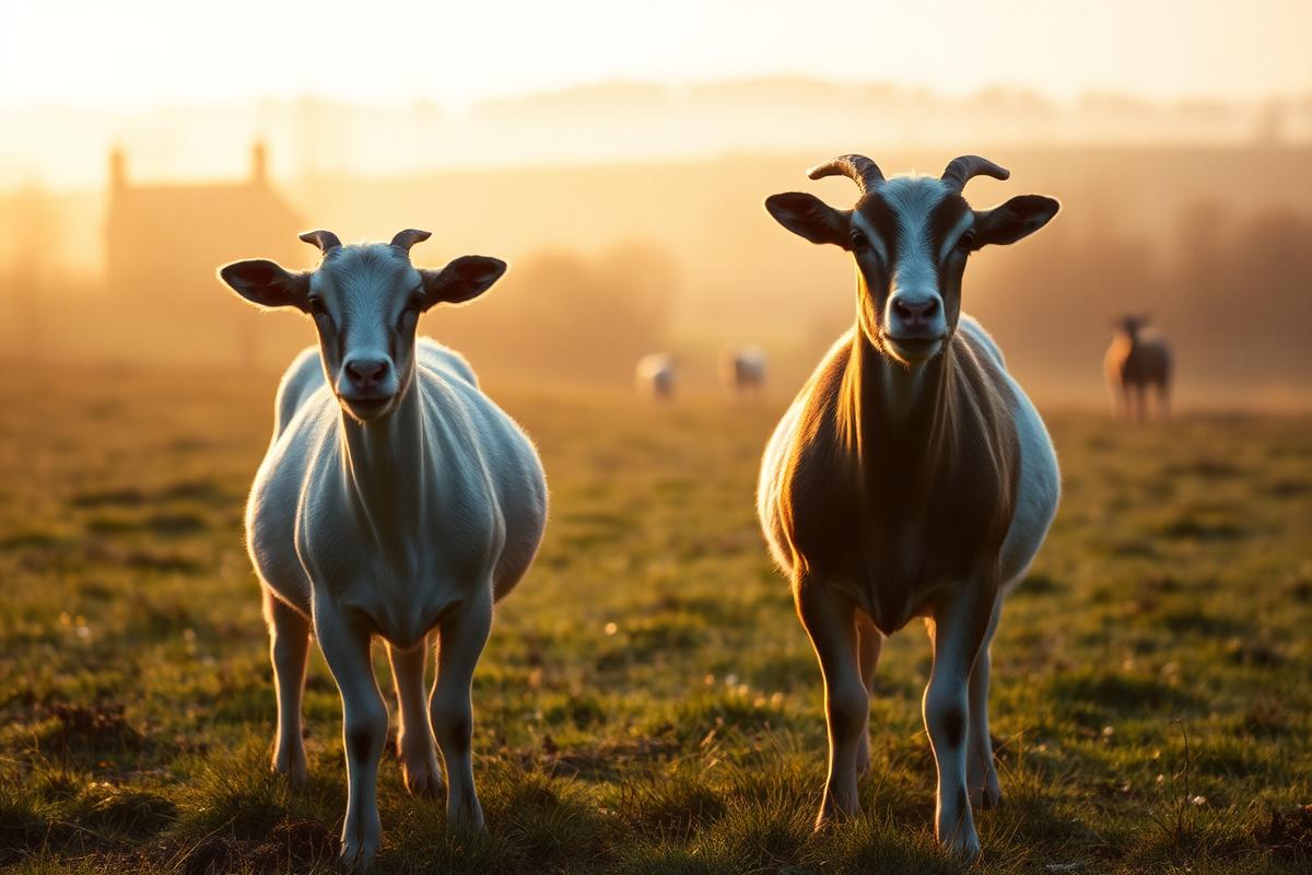 Two dairy goats at dawn in a Somerset pasture